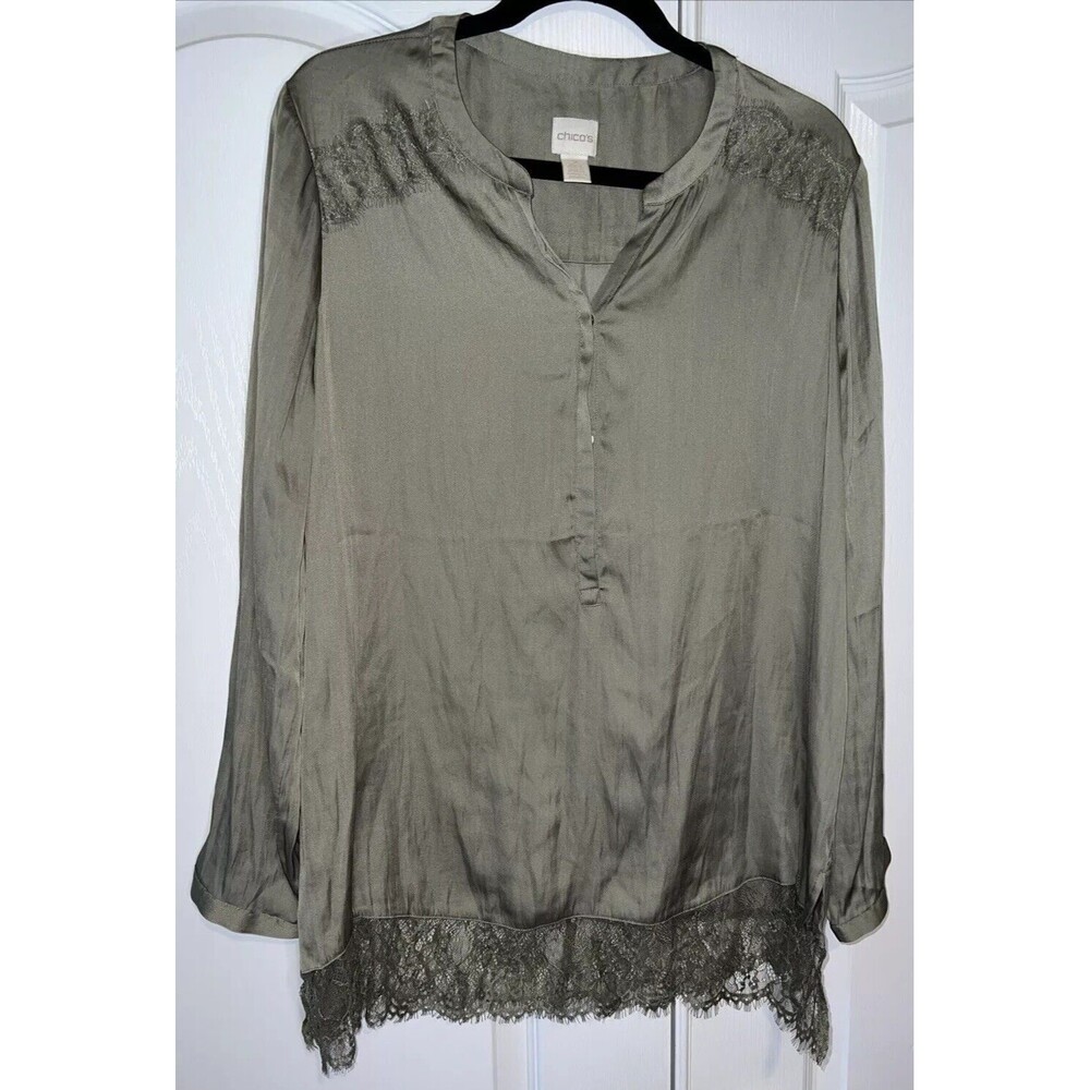 Chicos Womens Top Size 2 Large Green Xanadu Long Sleeve Casual Work Lace Tunic